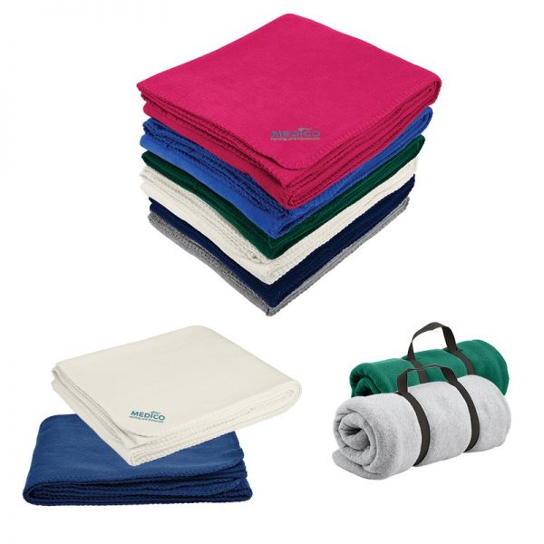 This Fleece Blanket features your embroidered custom logo.